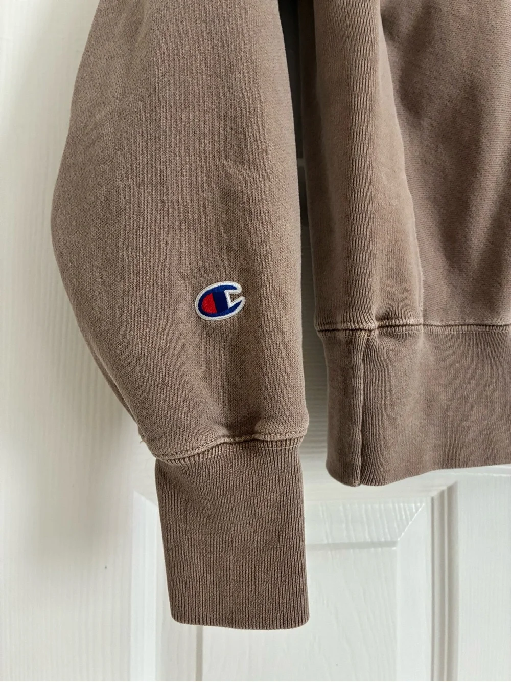 Champion Reverse Weave drawstring Hoodie in Taupe with embroidered chest logo S